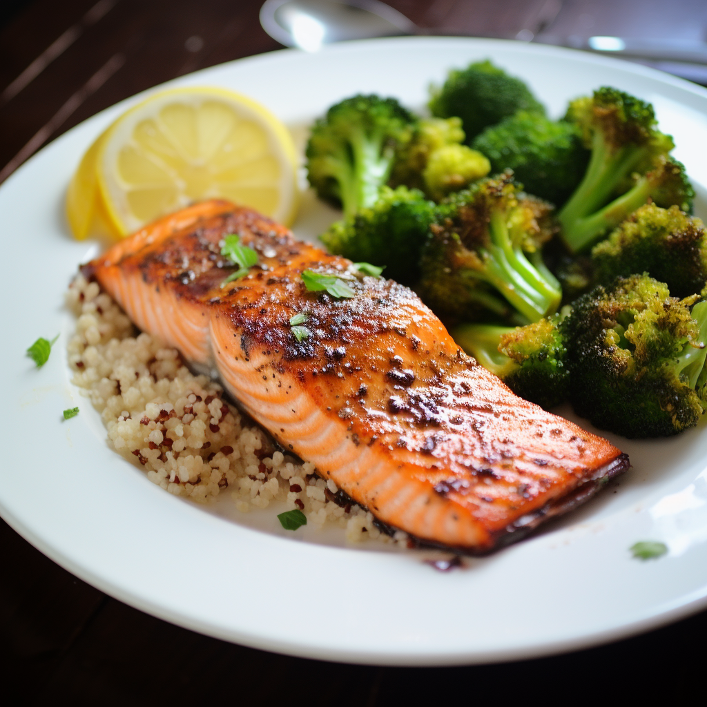 Lemon herb baked salmon with quinoa and steamed broccoli